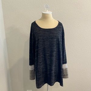 Easel Black and Gray Top with White Knit/crochet Accents